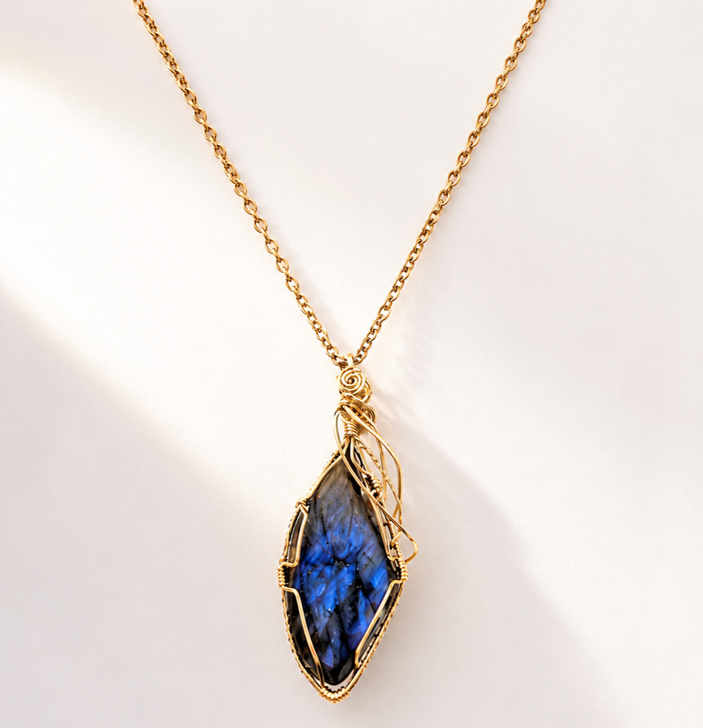 Natural Labradorite Blue Flash Necklace 30” 12K Gold Filled Wire Wrapped Artisan